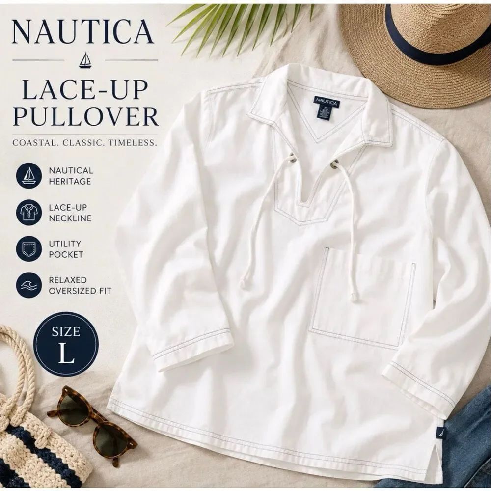 Nautica White Maritime Pullover Coastal Chic Top Size L